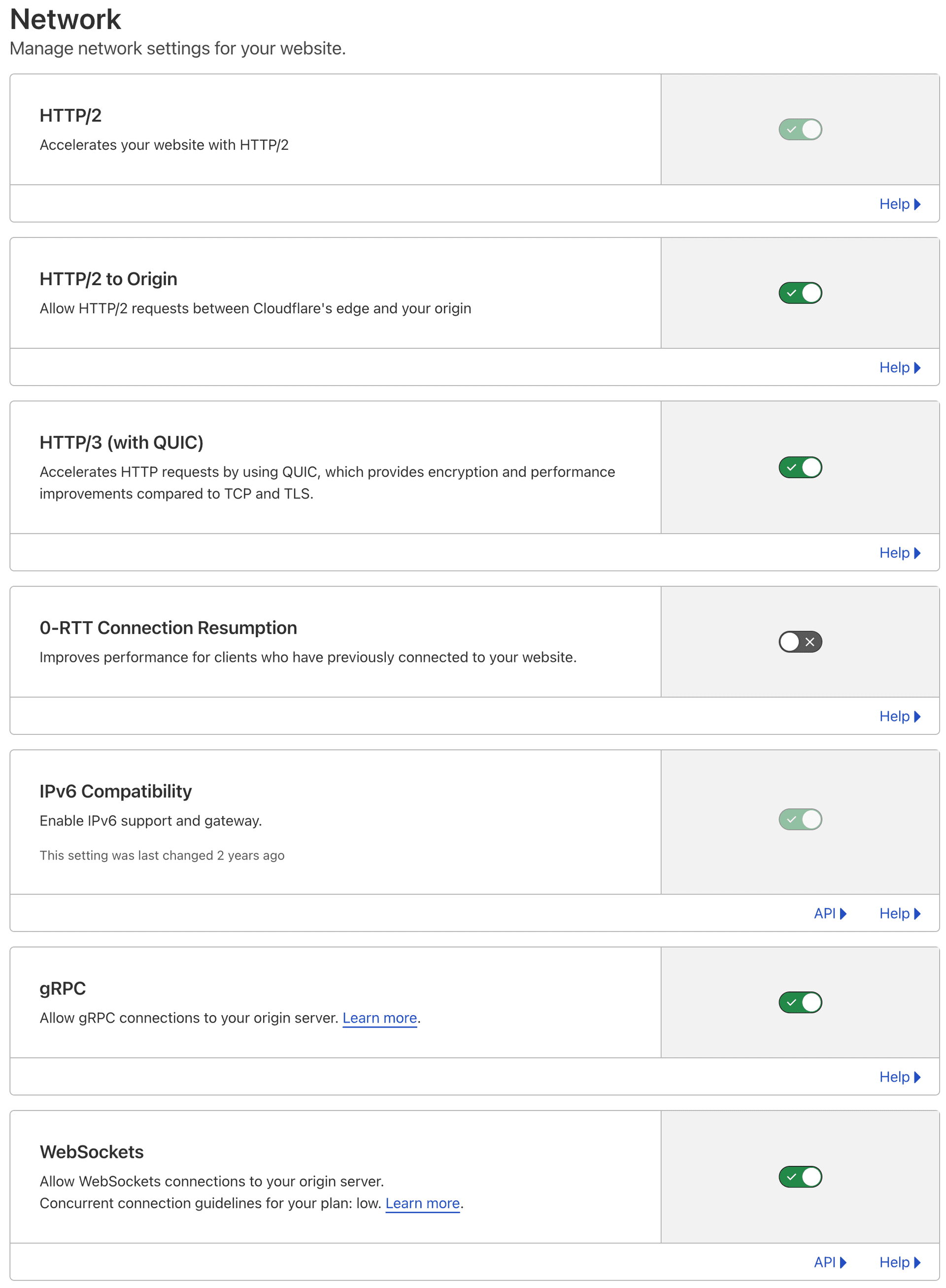 Cloudflare dashboard network options