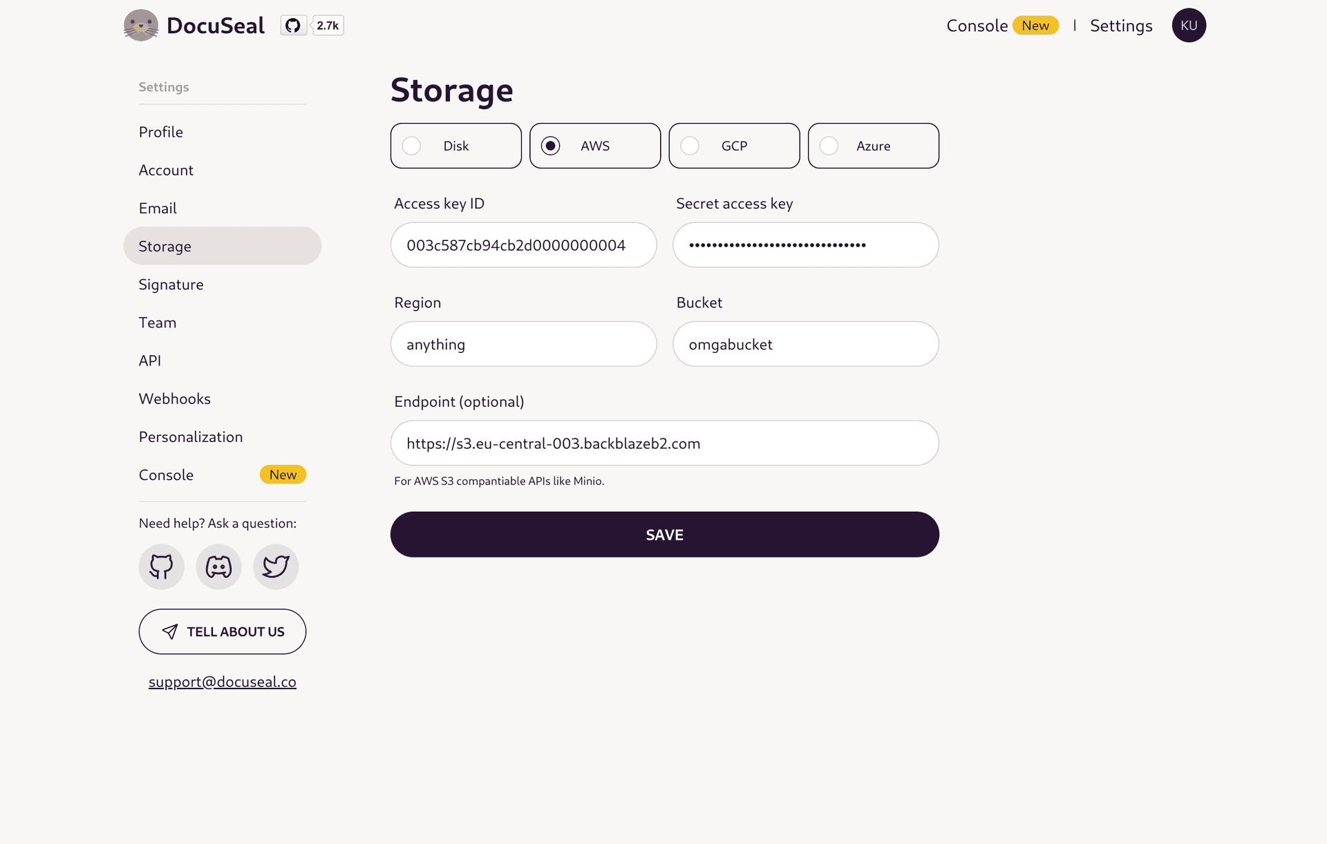 DocuSeal configured storage page