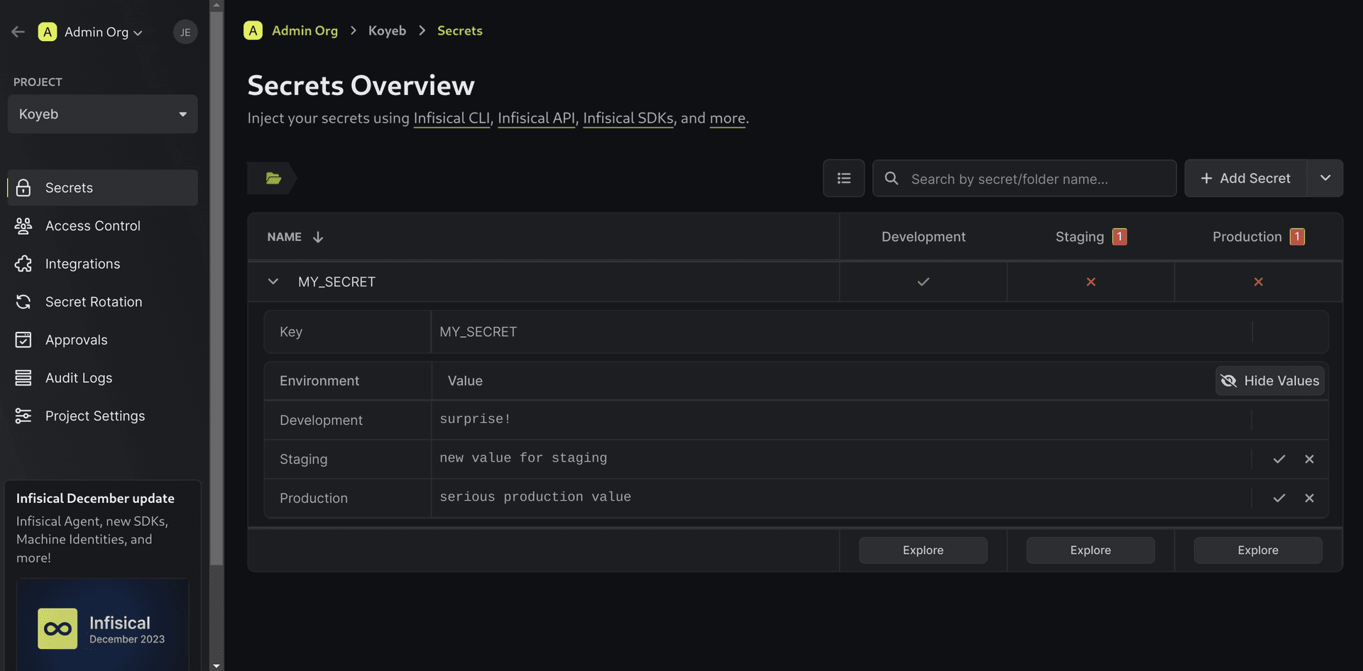 Infisical add secret values for other environments