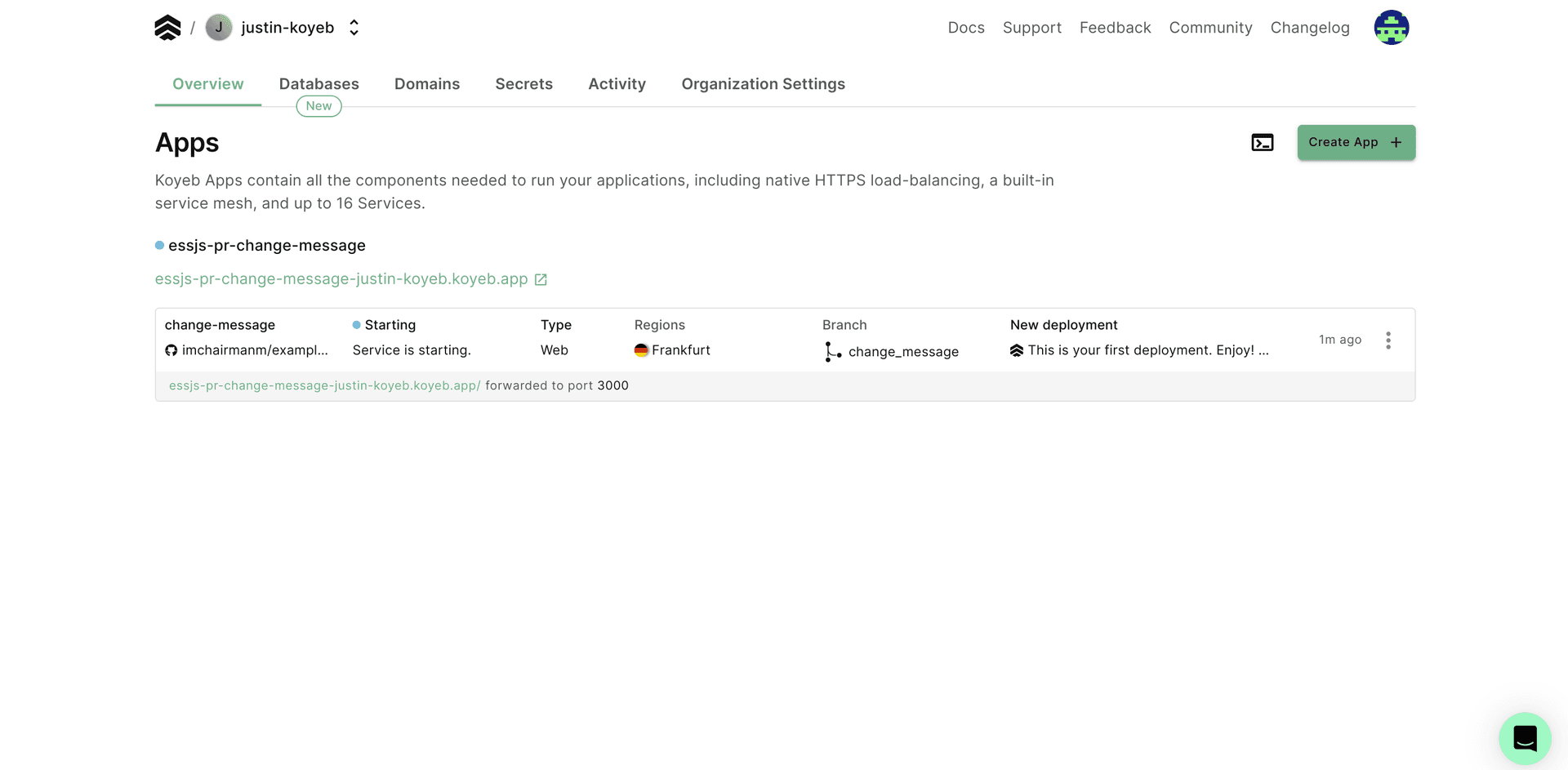 Koyeb new PR deployment