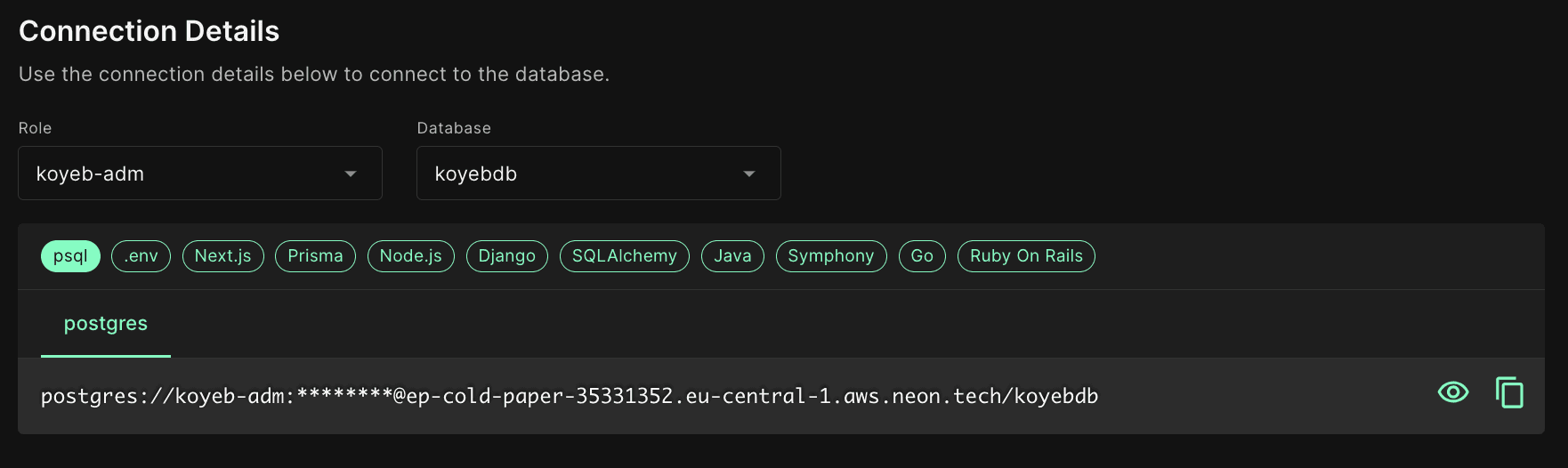 Koyeb Database Connection Details