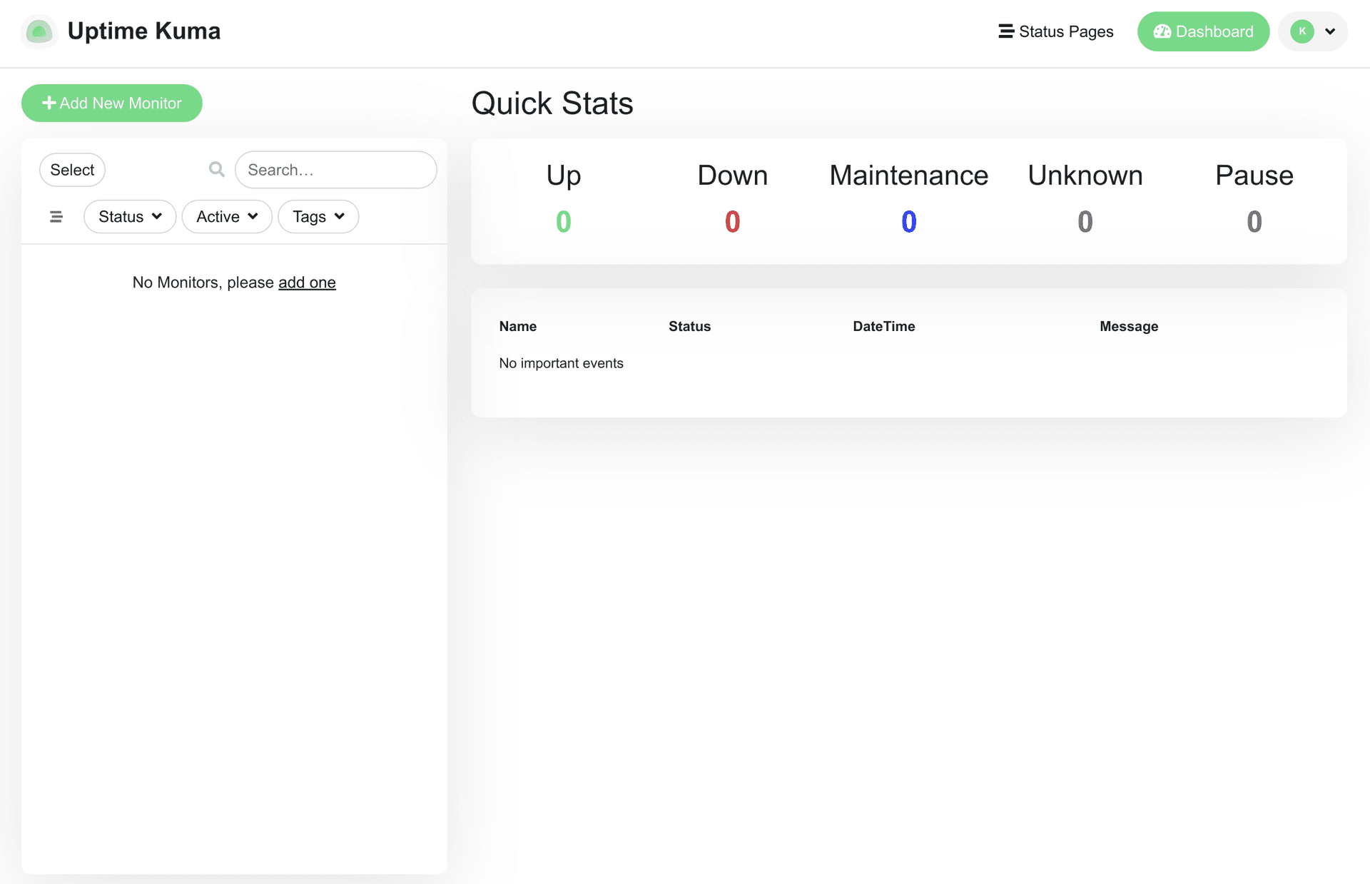 Uptime Kuma initial dashboard