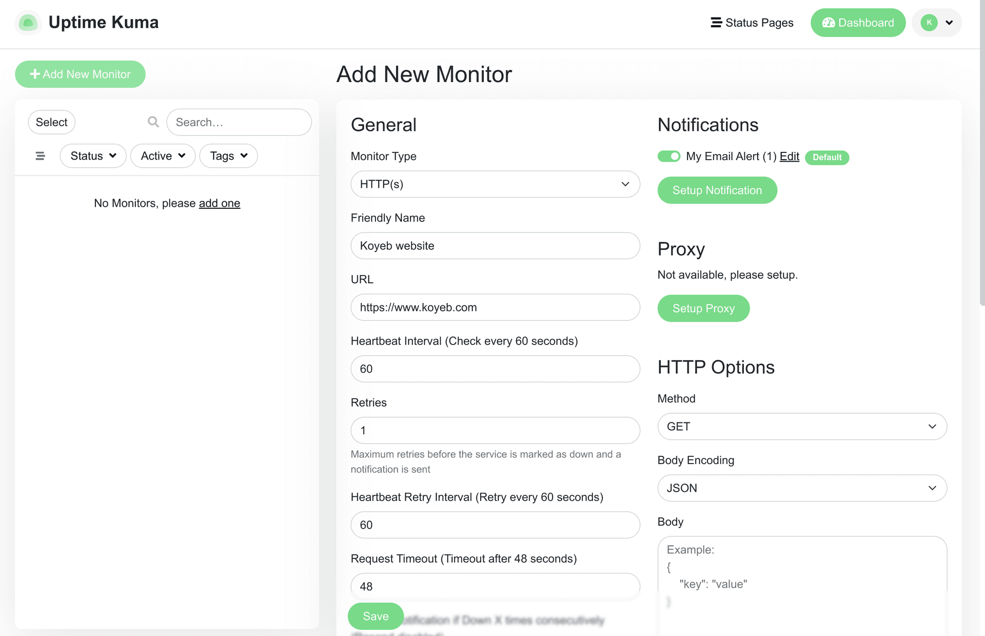 Uptime Kuma new monitor configuration