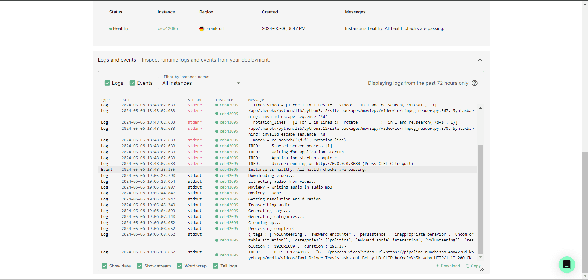 Video processing logs
